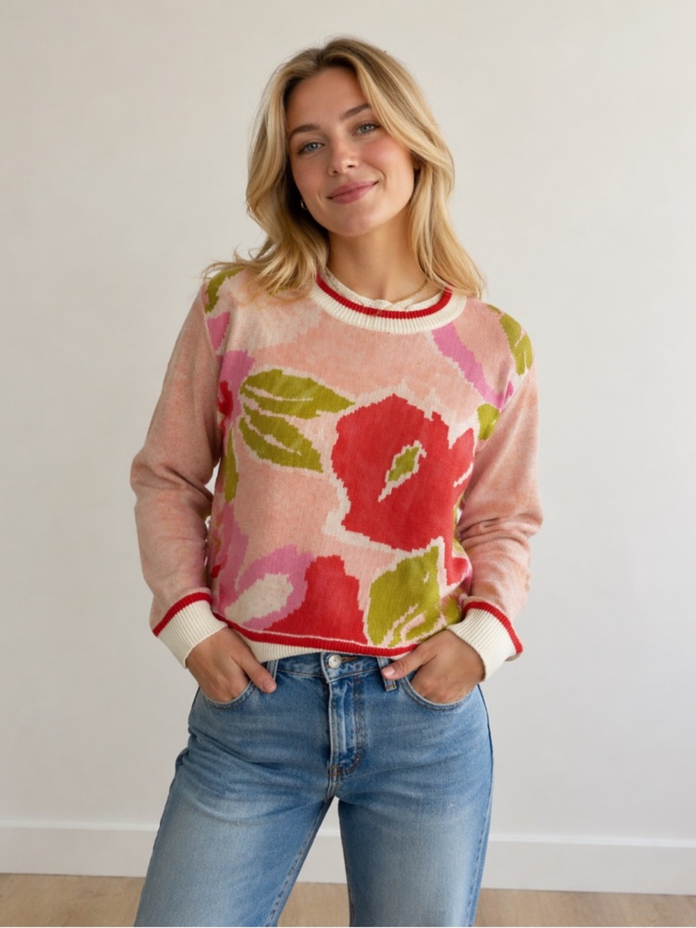 Fate Pink Floral Crewneck Sweater with Red and Green Accents
